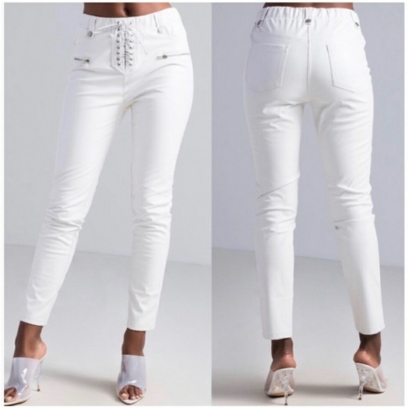 front lace up faux leather pants